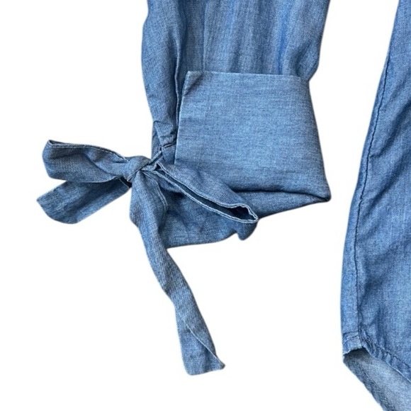 Loft Ann Taylor Tunic Chambray Bow Long Sleeve Button Round Neck Hi Lo Hem Small - Picture 6 of 12
